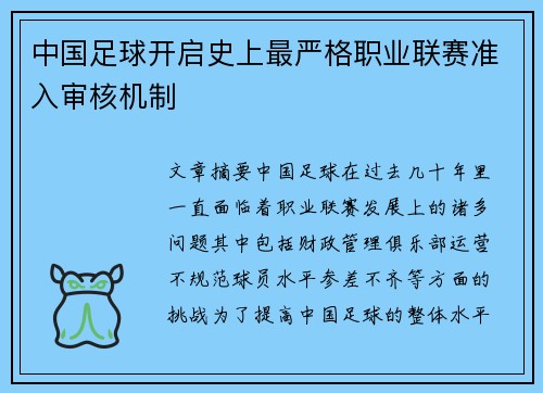 中国足球开启史上最严格职业联赛准入审核机制