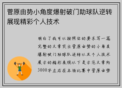 菅原由势小角度爆射破门助球队逆转展现精彩个人技术 菅原由势小角度爆射破门助球队逆转展现精彩个人技术